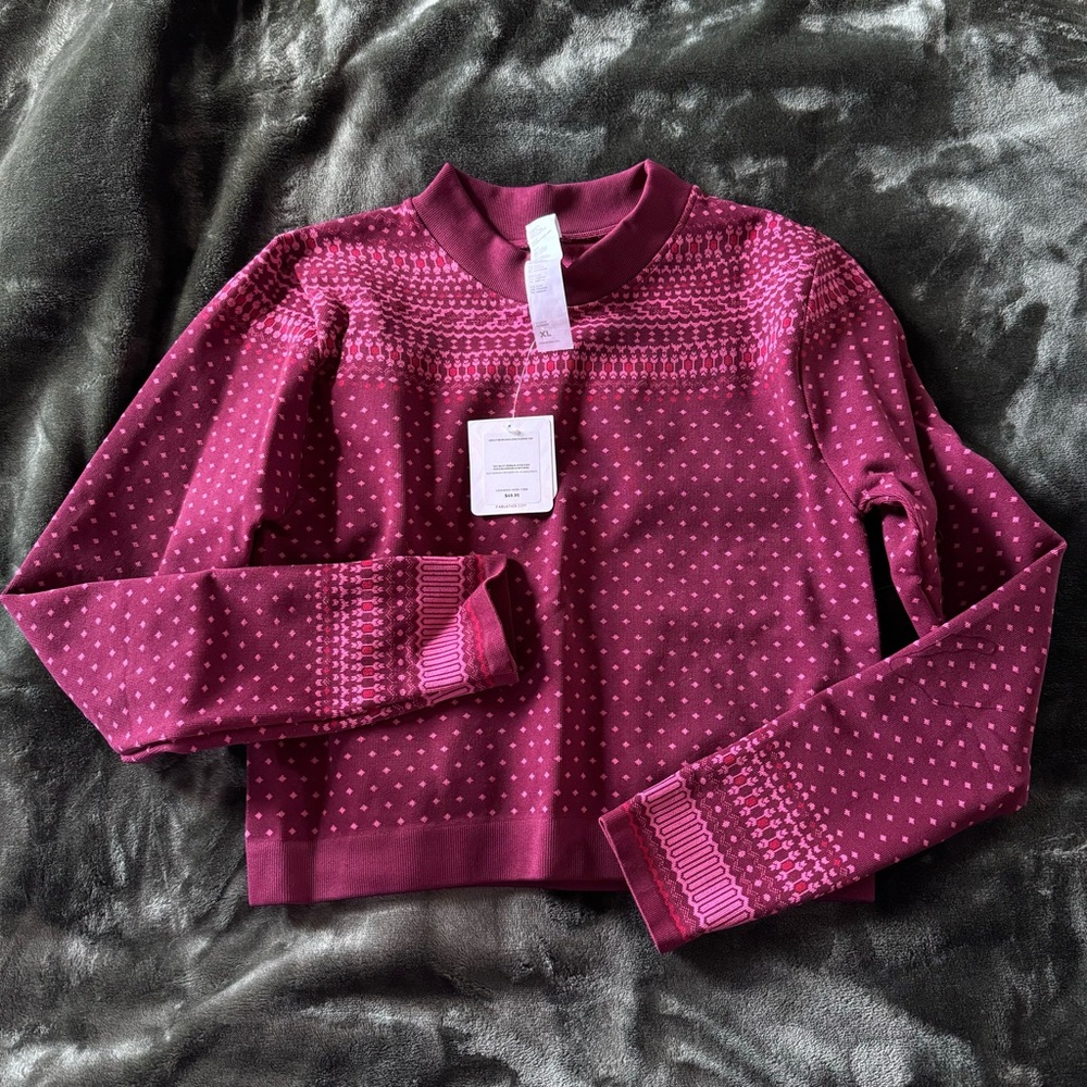 NEW Fabletics  Holly Seamless Long Sleeve Crop Top Fairisle Merlot XL